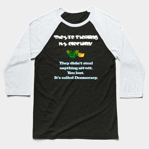 Anti Trump Election Stealing Tantrum Upside Down Turtle Baseball T-Shirt by The Cheeky Puppy